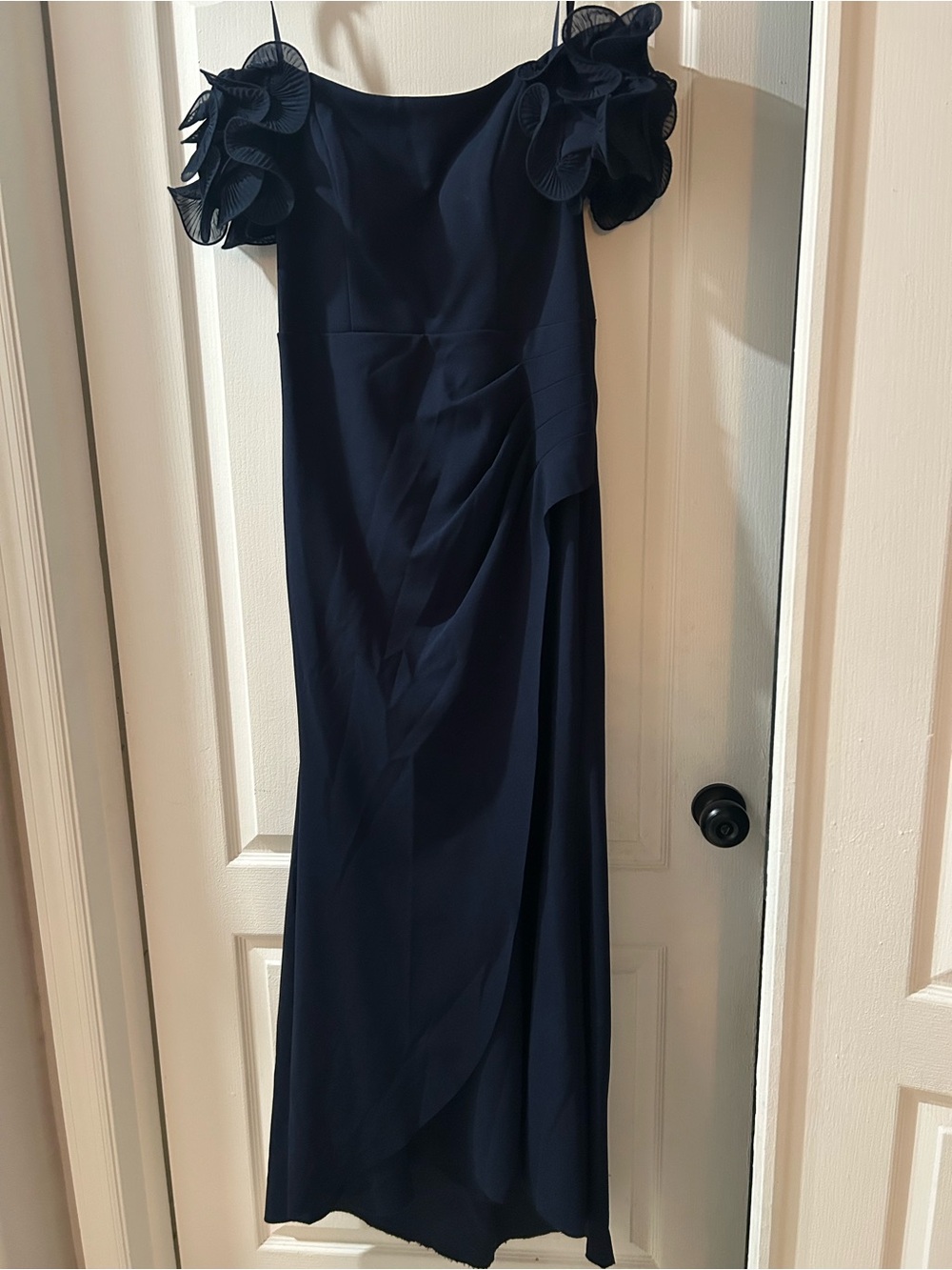 Xscape Navy Off-Shoulder Maxi Dress with Ruffle Sleeves